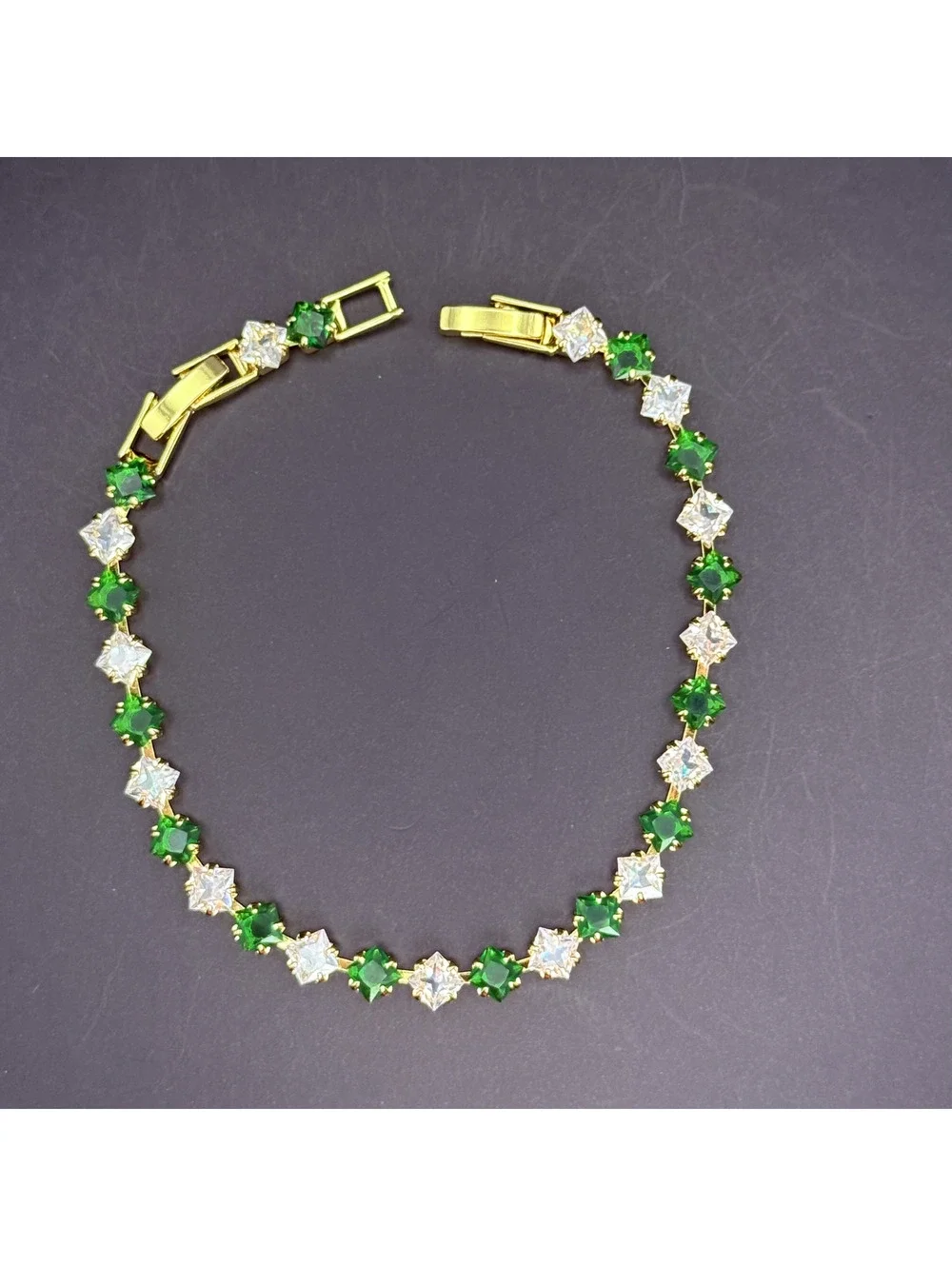 candy+clover green and clear crystal gold tone tennis bracelet